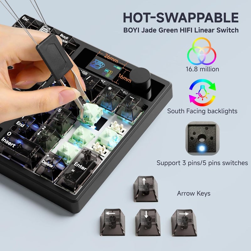 zMAX X BOYI TD31Pro Mechanical Numpad,Hot Swap Wireless BT5.0/2.4GHz/Type-C Wired Numeric Keypad with Screen&Knob,30Keys PBT Keycaps RGB Gaming Macro Number Pad for PC Laptop (Transparent Black) - Image 4